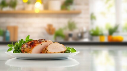 Delicious grilled chicken breast on white plate in bright modern kitchen.