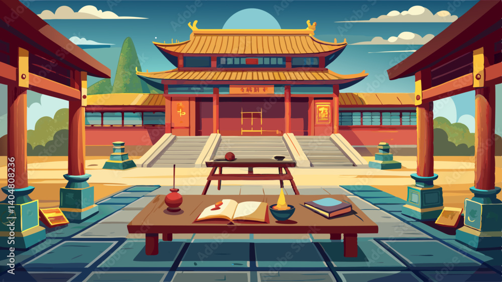 Poster a tranquil courtyard with a table and several books scattered around it. the table is surrounded by 