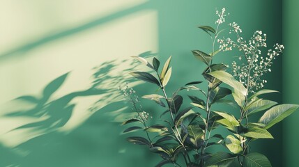 Green foliage casting shadows on soft mint wall