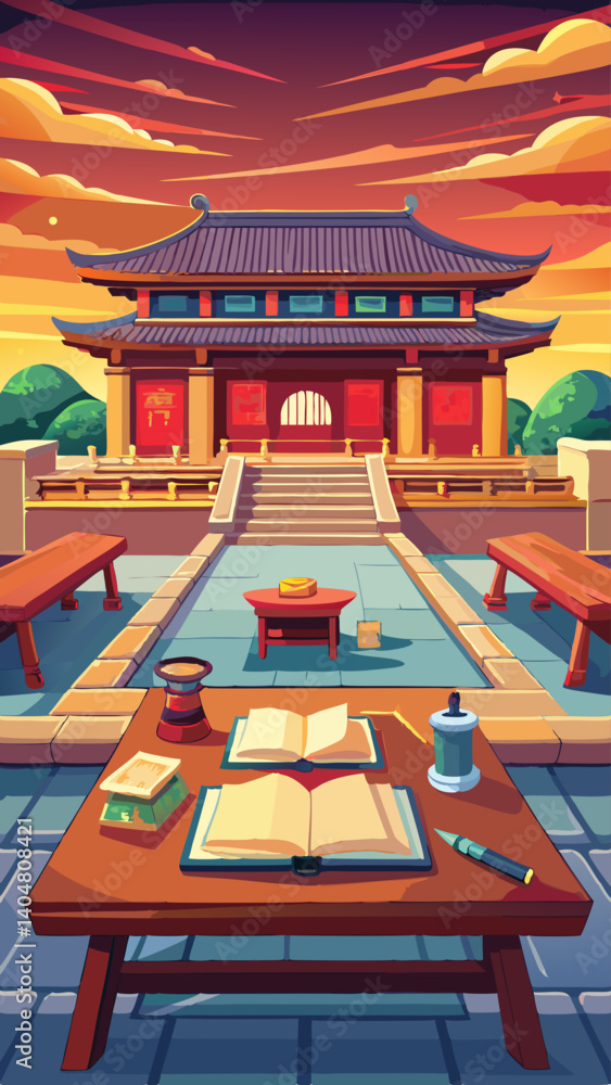 Poster a tranquil courtyard with a table and several books scattered around it. the table is surrounded by 