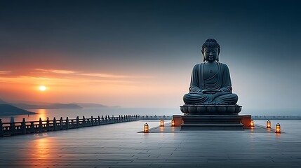Buddha Statue Sunrise Lakeside