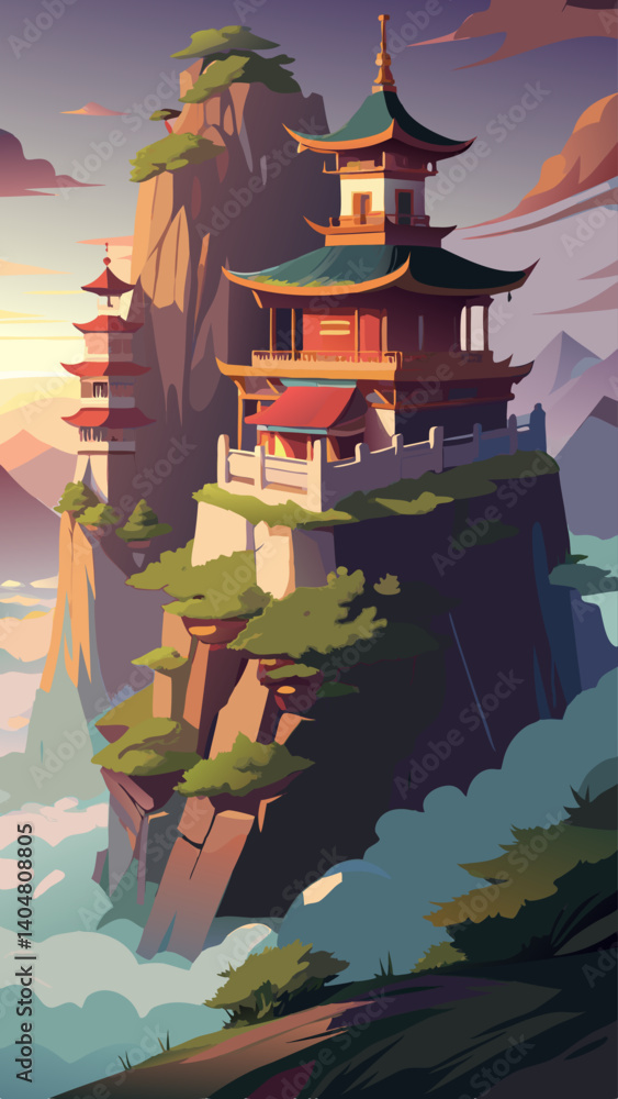 Poster a beautiful mountain landscape with a large building in the middle. the building has a lot of detail