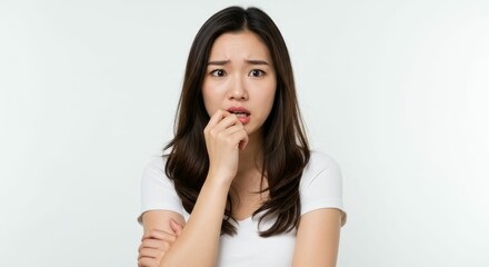 Fototapeta premium Anxious young Korean woman biting lip against a plain white background showcasing emotion