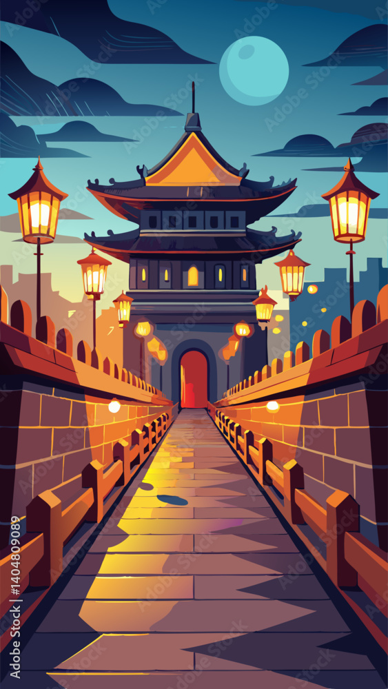 Poster a cartoonish drawing of a bridge with a red door and a building in the background. the sky is filled