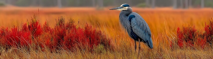 Heron in Autumn Meadow.