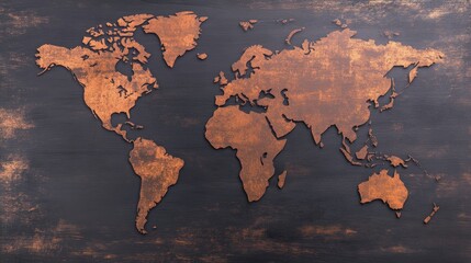 Artistic copper world map on textured black background, ideal for travel and geography themes