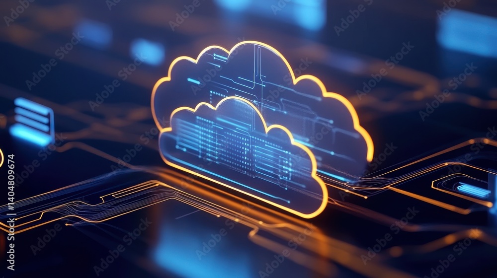 Poster futuristic digital cloud storage interface with glowing elements and data streams