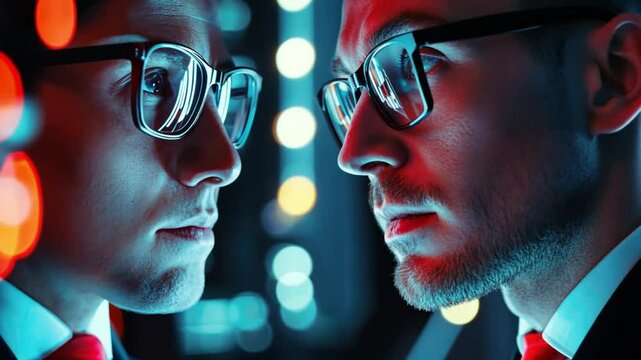 Reflection of Thought: A pensive individual, lost in deep contemplation, stares at a mirrored image, highlighting the complexities of self-reflection. Illuminated with vibrant neon lighting.