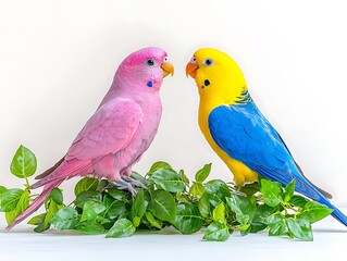 Budgies, Couple, Plants, Studio