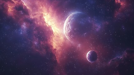 Planets in a Nebula-Filled Cosmic Scene, A cosmic scene featuring two planets surrounded by colorful nebula clouds and stars