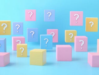 Colorful Question Marks on Cubes in a Bright Blue Background