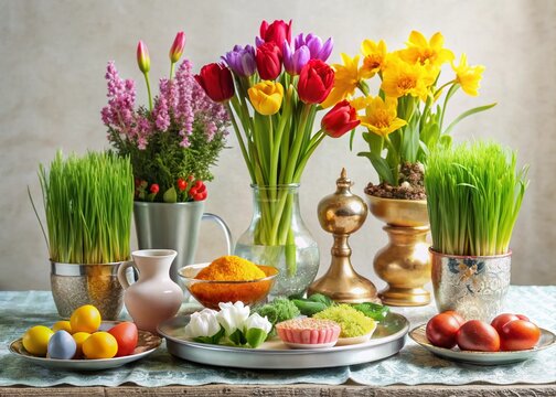 Easter Still Life Arrangement: A vibrant display of spring's bounty, featuring colorful Easter eggs, blooming tulips and daffodils, and lush green sprouts.