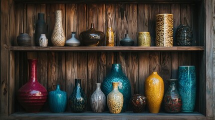 Shelf full of colorful ceramic vases in rustic setting
