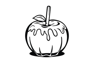 Black And White Apple With Caramel Coating Line Art Style For Fall Or Halloween Designs