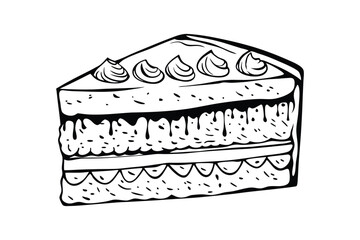 Black And White Hand Drawn Illustration Of A Cake Slice Decorated With Cream And Chocolate Dripping Design