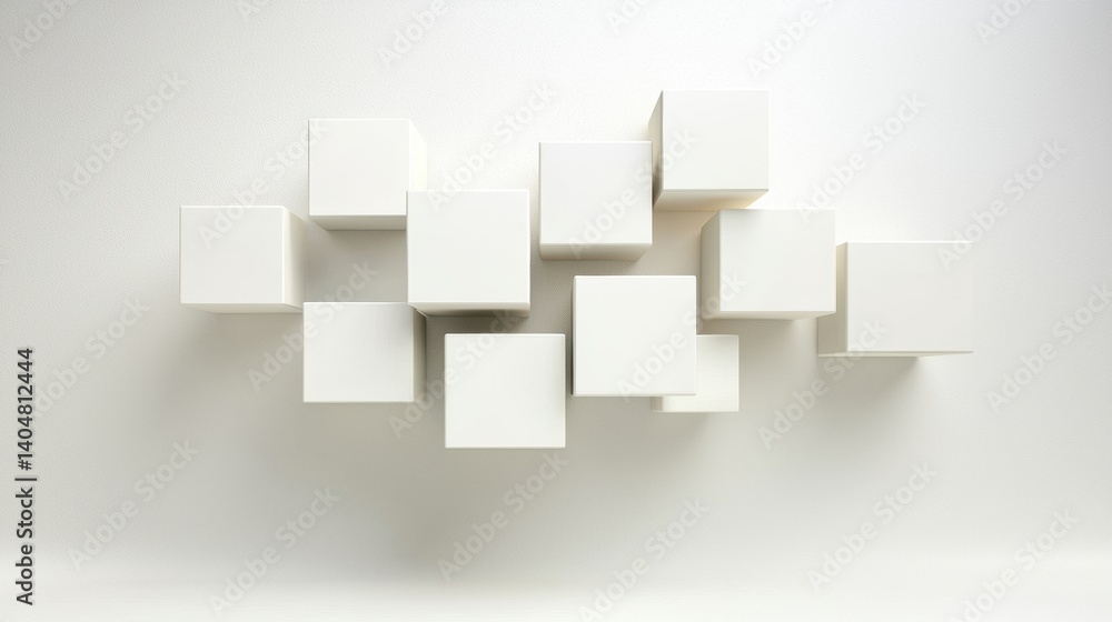 Poster a collection of white cubes arranged in a visually appealing pattern.