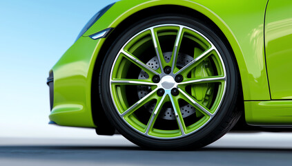 A close-up view of a stylish green car wheel, showcasing its intricate design and modern aesthetics against a clear blue sky.