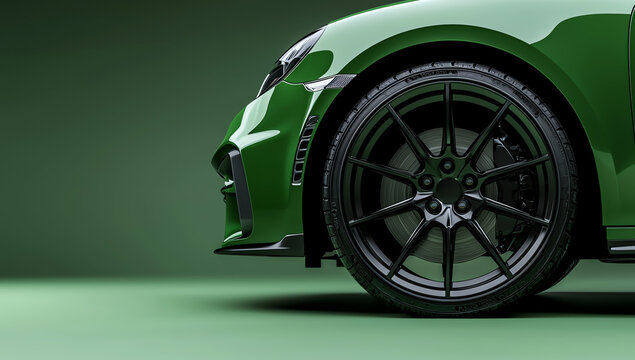 Close-up view of a glossy green sports car highlighting its sleek design and black alloy wheels against a smooth green background