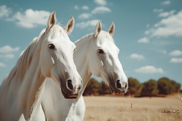 Obraz premium beautiful white horses in the meadow on a sunny bright day close up.