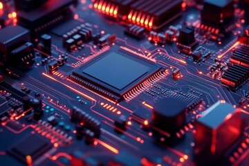 Fototapeta premium Abstract Circuit Board Close-Up with Red Lights and Fine Details