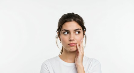Fototapeta premium Young woman expressing thoughtful curiosity against pristine white backdrop