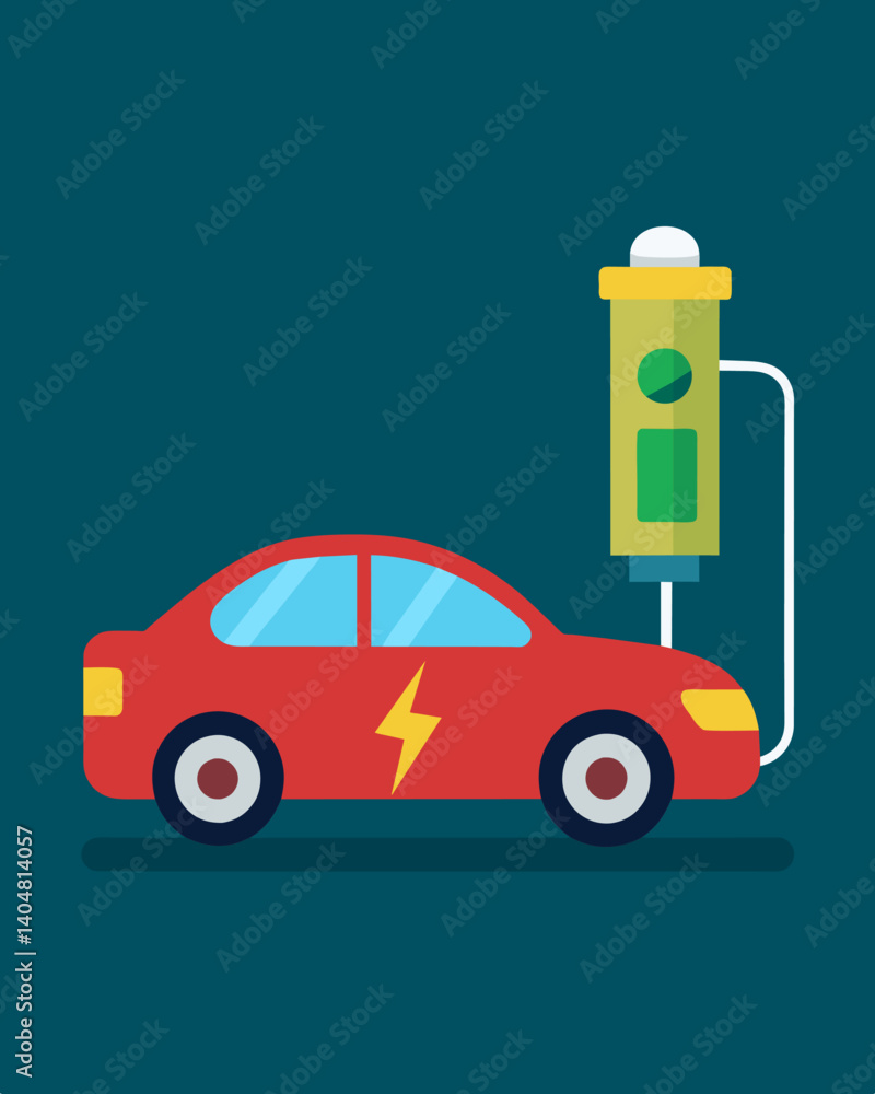 Poster an electric car with a rechargeable battery eliminating the need for fossil fuels.. vector illustrat