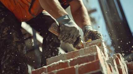 Construction worker laying brick wall. Featuring masonry and bricklaying