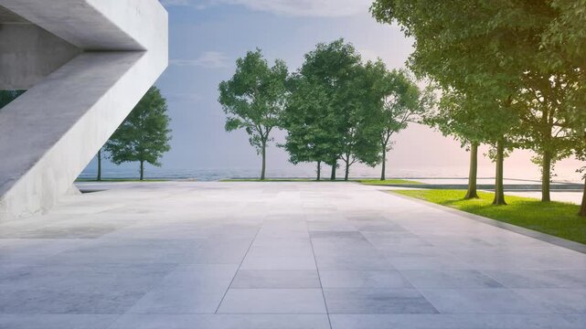 Empty concrete floor terrace near water in pond. 3d rendering of abstract gray building with sea and clear sky background.
