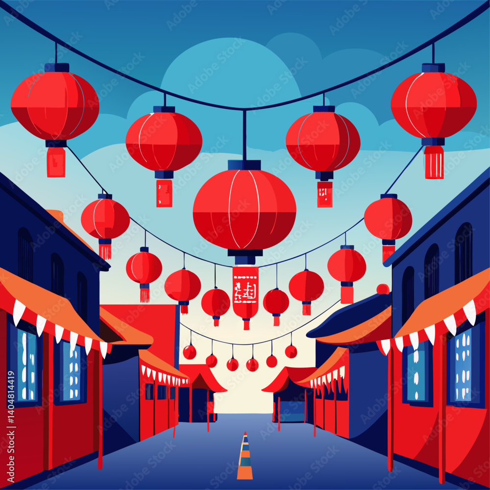 Poster the street is decorated with red lanterns hanging from the ceiling, creating a festive and lively at
