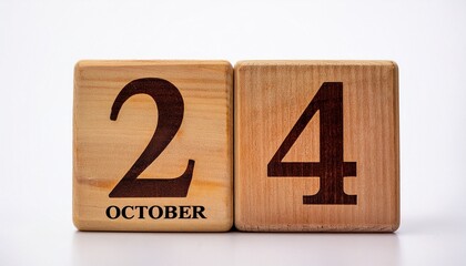 Minimalist photo of wooden blocks with date 24 October. Day and month, calendar on white background