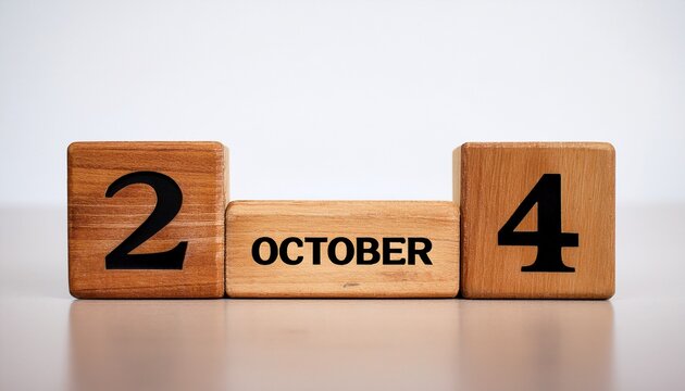 Minimalist photo of wooden blocks with date 24 October. Day and month, calendar on white background