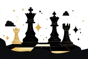 Elegant Chess Pieces in Black and Gold on a Minimalist Background