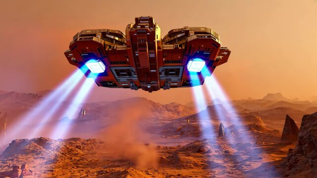 Spaceship exploring alien desert world with futuristic technology bright engine lights