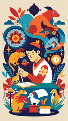 A man is painting a picture of a man and a goat. The man is wearing a blue shirt and a vest. The goat is in the background