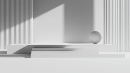 A minimalist white room with a large white sphere and a smaller white sphere on a white platform.