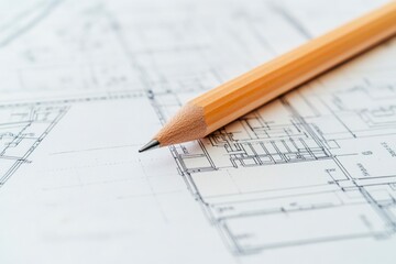 Drafting Pencil on Architectural Blueprint with Fine Details