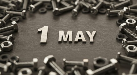 Metal Screws and Bolts Surrounding 1 May Text for Labour Day Industrial Poster Background. International Workers/Labour Day Concept, Ideal for Poster Banner background Design.