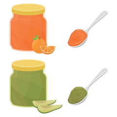 Vector illustration of avocado, orange jam and jam on spoon. Fresh homemade jams.