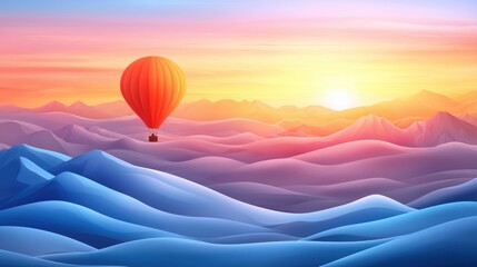 Obraz premium Hot air balloon adventure over colorful snow-capped mountains at sunrise digital art serenity and exploration