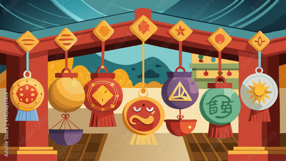 Poster a colorful display of lanterns hanging from a building. the lanterns are of various shapes and sizes