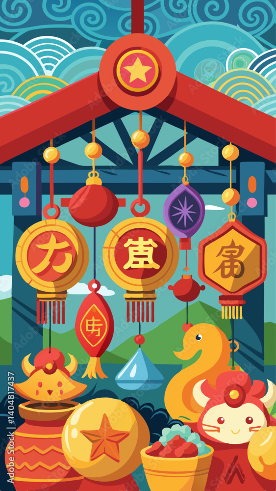 Poster a colorful display of lanterns hanging from a building. the lanterns are of various shapes and sizes