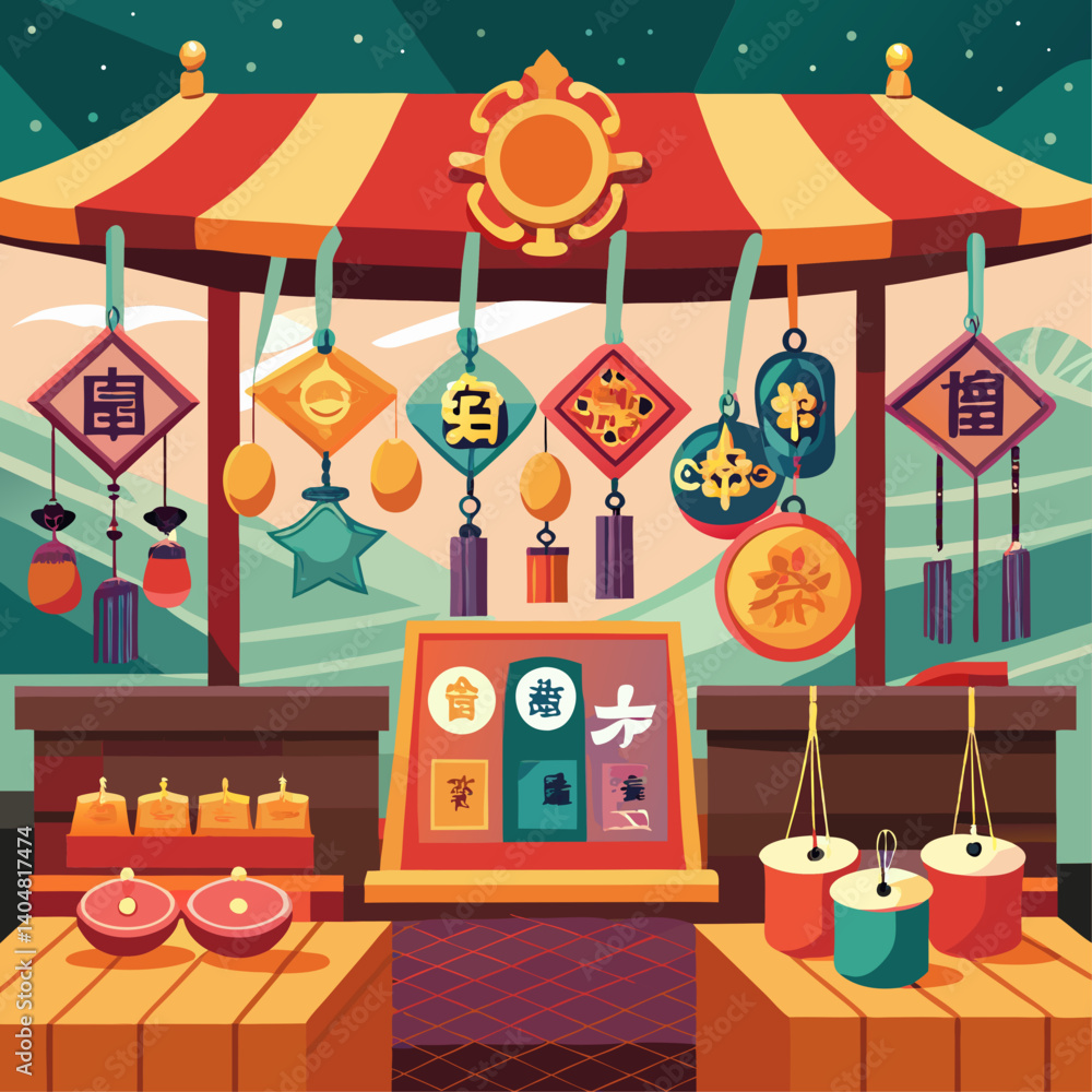 Poster a colorful display of lanterns hanging from a building. the lanterns are of various shapes and sizes