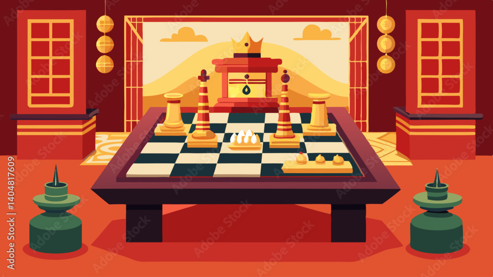 Poster a room with a chess board on a table. the room is decorated with asian elements and has a red and go