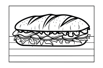 Line Art Of A Delicious Sub Sandwich With Meat And Greens Ready For Coloring Or Design