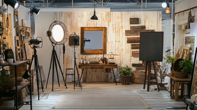 Art studio with painting supplies and lights