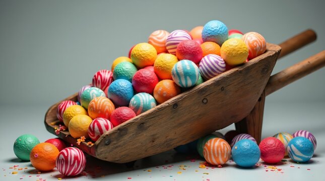 Colorful Easter eggs spilling from a vintage wheelbarrow, creating a festive atmosphere for spring celebrations
