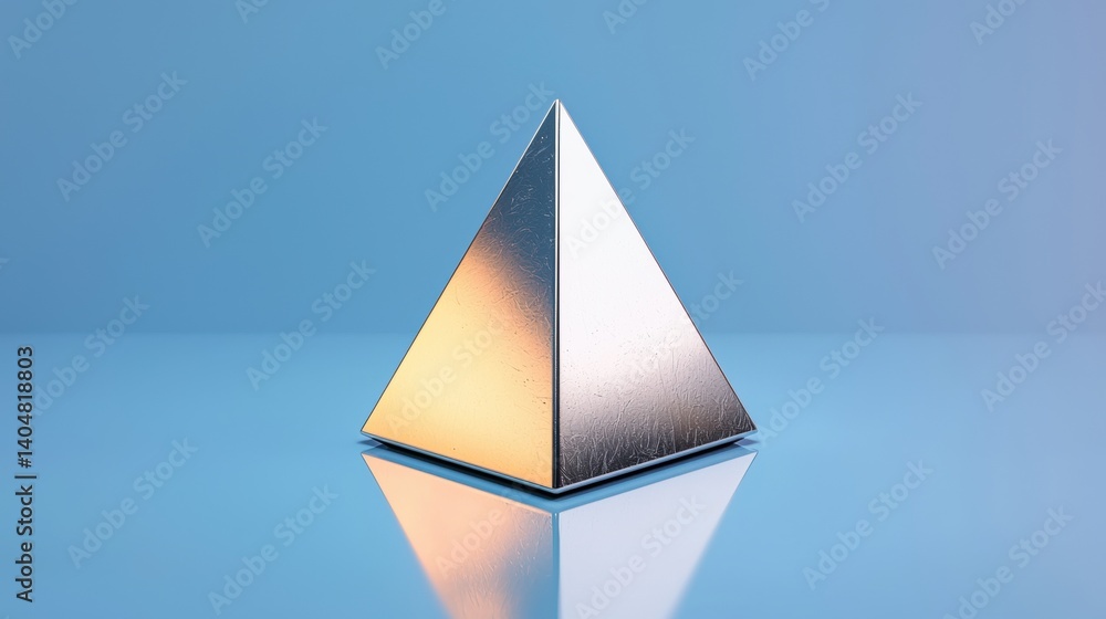 Poster a 3d rendering of a metallic pyramid with a gradient of color.
