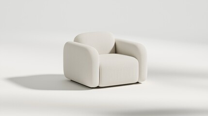 A white armchair with a curved backrest and armrests sits on a white floor against a white background.