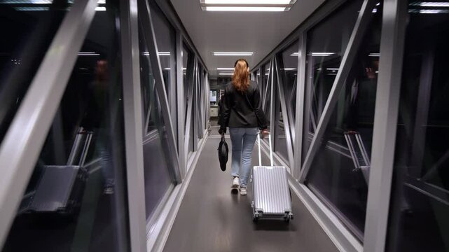 Confident businesswoman carry laptop bag and pulling wheeled suitcase while walking through airport jetway to airplane. Boarding time for night flight, slow motion shot, camera follow behind