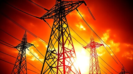 Power lines stretching against a fiery sunset.